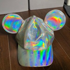 Disney EPCOT Retro Logo Silver Holographic Mickey Ear Baseball Cap Hat